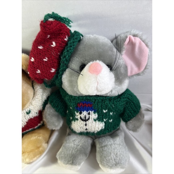 Fine Toy Co Vinatge Christmas Plushies Mouse & Bear With Sweaters 10" Set Of 2 - Picture 3 of 6
